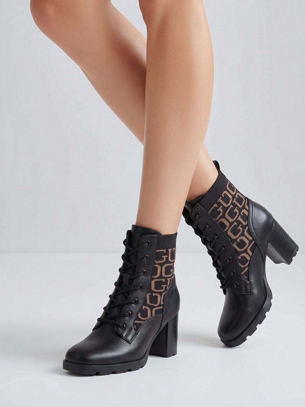 Guess Black Lace-Up Platform Ankle Boots with Brown Logo Panel
